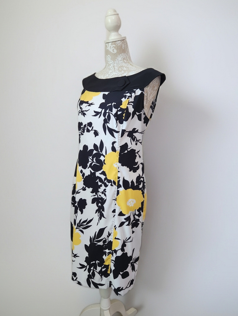 Kim Rogers Yellow Black & White Floral Summer Career Sheath Dress Size 18